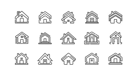 Modern Line Art House Logo Design Set: A Collection of Minimalist, Clean, and Contemporary Home Icons. This Ordered Vector Cartoon Illustration Features Various Stylized House Silhouettes with a