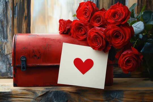 A bouquet of vibrant red roses resting on top of a rustic red mailbox with a white card featuring a red heart, evoking feelings of love and romance