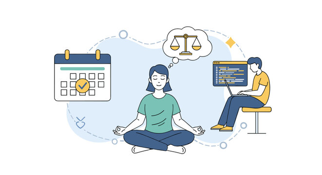 Vivid illustration of a person meditating in lotus pose, symbolizing mindfulness and inner peace, juxtaposed with a calendar for organizing tasks and an individual coding on a laptop, representing