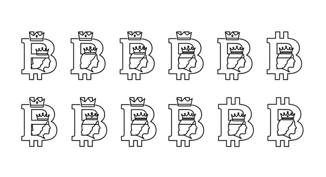 Monogram Letter B Bitcoin Symbol Silhouette of Queen with Crown, Vector Cartoon Illustration on White Background, Ordered Set, Line Icon, Cryptocurrency Concept, Digital Currency, Royal Emblem