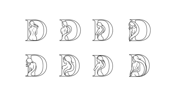 Elegant Monogram Letter D Logo Design Featuring a Woman Silhouette in Various Poses, Ideal for Beauty Brands and Personal Branding, Vector Illustration with a Clean White Background, Set of 8 Unique