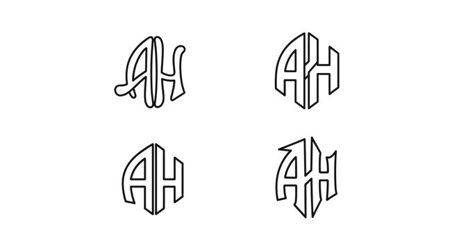 Set of four AH monogram logos in different styles, presented as clean line art on a white background. These versatile vector graphics feature unique letter combinations suitable for branding, graphic
