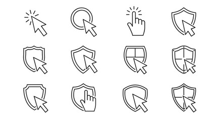 Collection of outline icons featuring cursors and shields, symbolizing security, protection, and digital interaction. Ideal for web design, app interfaces, advertising, and graphic elements on a