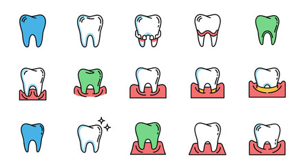 Collection of minimalistic vector cartoon illustrations depicting various tooth conditions and dental health concepts, including healthy teeth, teeth with braces, gingivitis, and sparkling clean