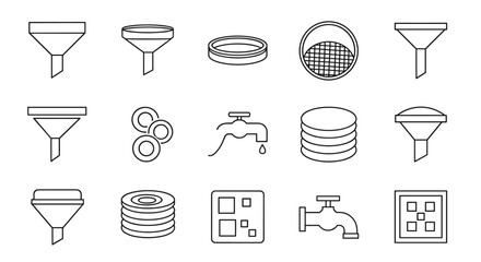 Collection of outline symbols of filter, sieve, faucet, and stacked discs, drawn with thin lines on a white background, suitable for graphics, cards, websites, and apps, presented as a vector cartoon