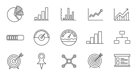 Collection of outline icons representing business and finance concepts, including pie charts, bar graphs, progress bars, speedometers, targets, organizational charts, and presentation boards, perfect