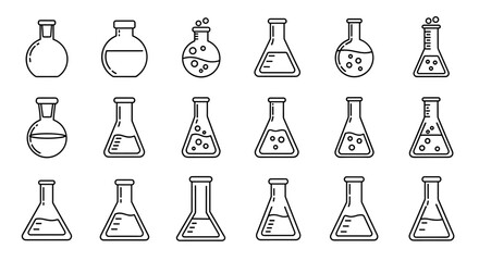 Collection of outline laboratory flasks and beakers, including Erlenmeyer, round-bottom, and volumetric flasks, symbolizing science, research, and experimentation, perfect for graphic design, web