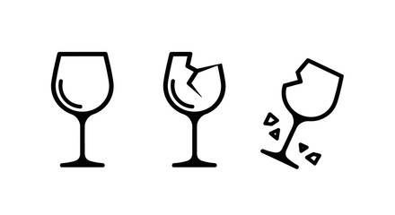 Minimalistic set of three wine glass icons, one intact and two broken, symbolizing fragility and accidents, presented as vector cartoon illustrations on a clean white background, perfect for graphic