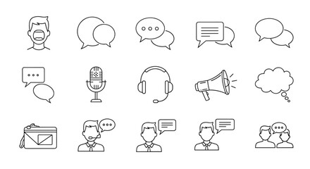 A collection of minimalistic thin line icons representing communication and dialogue, featuring a man talking, speech bubbles, a microphone, headphones, a megaphone, and a thought bubble, perfect for