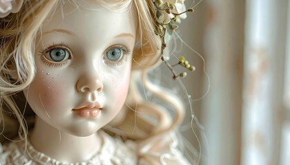 Close Up Portrait of a Doll with Blond Hair and Blue Eyes Wearing a Floral Crown Against a Softly Lit White Curtain Backdrop