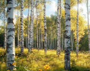 Fototapeta premium Sunlit birch forest with white bark trees and green foliage under a bright blue sky, golden grass and yellow wildflowers in the foreground, evoking a serene and peaceful atmosphere