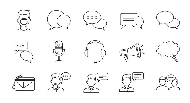 A collection of minimalistic thin line icons representing communication and dialogue, featuring a man talking, speech bubbles, a microphone, headphones, a megaphone, and a thought bubble, perfect for