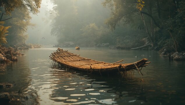 A bamboo raft drifting along a river, promoting sustainable transportation