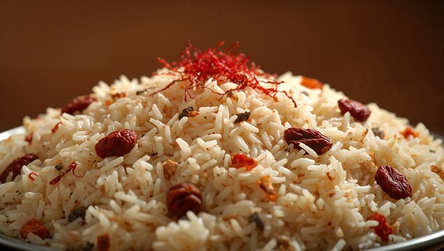 Basmati rice prepared with spices, saffron, and dried fruits for a flavorful Kashmiri pulao, fiber-dense choice