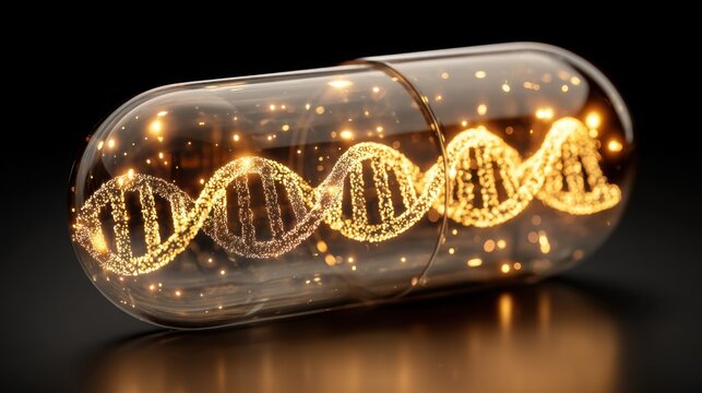 Transparent Capsule with Glowing DNA Helix Representing Biotechnology and Genetic Research Concepts