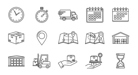 A collection of outline icons representing logistics and delivery services, including a clock, stopwatch, delivery truck, calendar, package, location pin, maps with routes, warehouse, forklift, hand
