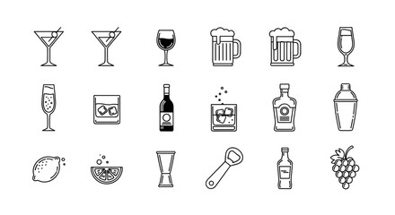 A meticulously curated collection of 18 minimalist black line art icons representing various alcoholic beverages and bar essentials, presented on a clean white background, perfect for digital and