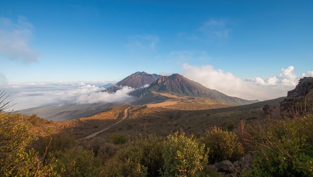 Panoramic scene of volcanic peaks and rugged landscape