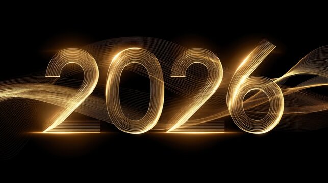Glowing number 2026 with golden light trails and smooth waves on black background for New Year celebration or futuristic design concepts