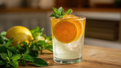 Fototapeta premium Refreshing Citrus Drink with Orange and Lemon in a Glass