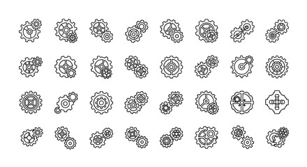Collection of outline gear and cogwheel icons, representing mechanisms and industry. These editable stroke vector graphics are perfect for infographics, articles, books, flyers, and banners