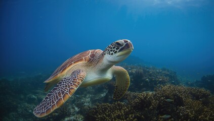 Green Sea Turtle gliding through azure waters, showcasing marine life abundance