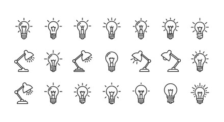 Collection of line art icons representing ideas and creativity, featuring various lightbulbs and desk lamps in a clean, modern style, perfect for technology and business concepts, presented on a