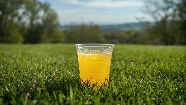 A plastic mug filled with beverages resting on grass, ideal for outdoor gatherings