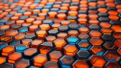 Fototapeta premium Abstract background with orange and blue hexagons in a geometric pattern