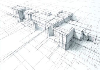 Three-dimensional architectural sketch of a modern building design with geometric shapes and multiple levels shown in perspective view