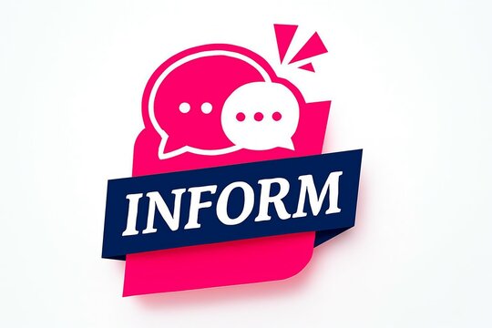 Bright pink speech bubble icon with a dark blue ribbon banner displaying the word inform and communication symbols