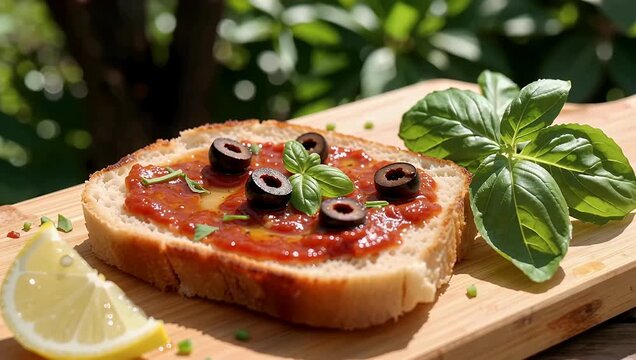 Tomato and olive bruschetta on rustic wooden board with fresh basil and lemon