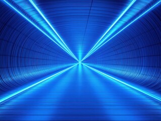 futuristic tunnel illuminated with bright blue neon lights creating a glowing symmetrical corridor with a vanishing point