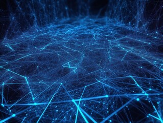 Glowing blue network of interconnected lines and nodes forming a complex digital web in dark space, evoking technology and connectivity