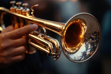 Fototapeta premium Close-up of a hand playing a shiny brass trumpet with reflective surface and blurred background