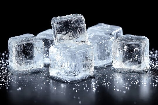 close-up of transparent ice cubes melting on a reflective black surface with water droplets around them