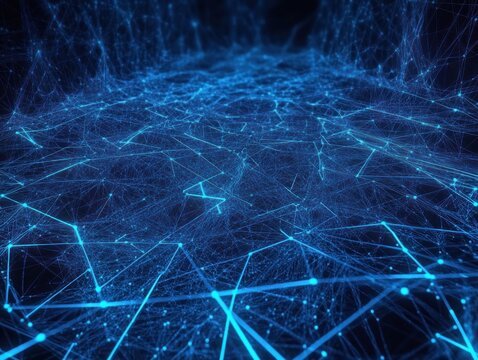 Glowing blue network of interconnected lines and nodes forming a complex digital web in dark space, evoking technology and connectivity