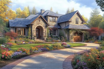 Beautiful stone house with a slate roof surrounded by colorful flower gardens and lush green trees under a bright sky in a peaceful suburban setting