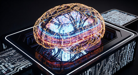 Glowing brain model with circuit board design on a black platform with binary code details ai generated