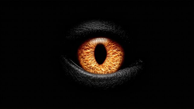 Fiery Reptilian Eye in Black Surrounding. High Contrast Close-Up of Vertical Pupil. Horror Creature Detail, Monster or Dragon Visuals