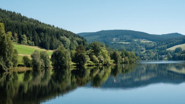 Tranquil lake landscape with lush greenery and serene reflections on calm water under a clear blue sky and distant rolling hills in summer daylight