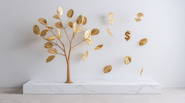 concept of tree with golden metallic dollar leaves falling gently, minimalist style, white background, concept of seasonal profit or financial loss, empty space beneath falling leaves money 