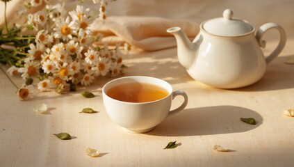 A cup of chamomile tea alongside a teapot on a flat surface, promoting relaxation and wellness