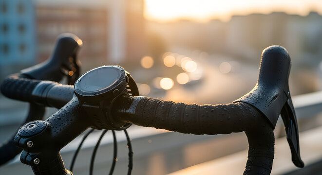 Closeup of bicycle handlebars with smartwatch at sunset in city  