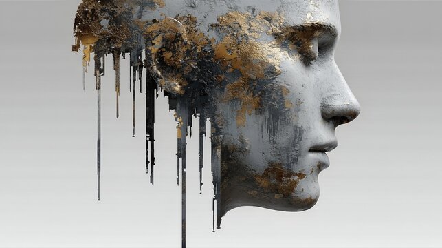 Crumbling Sculpture Face With Gold Texture. Abstract Half-Face Profile of Stone With Fragmented Top. 3D Concept for Decay or Aging