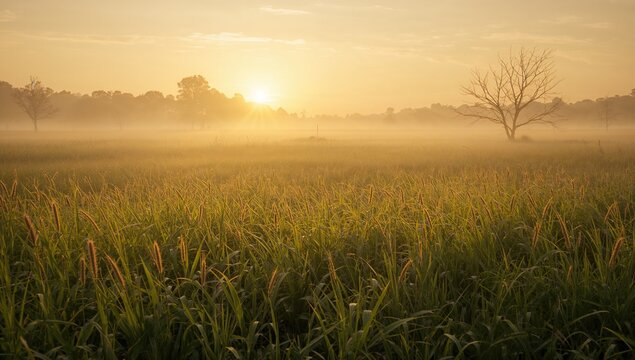 Golden sunlit grass swaying in the morning breeze, seasonal change - Powered by Adobe