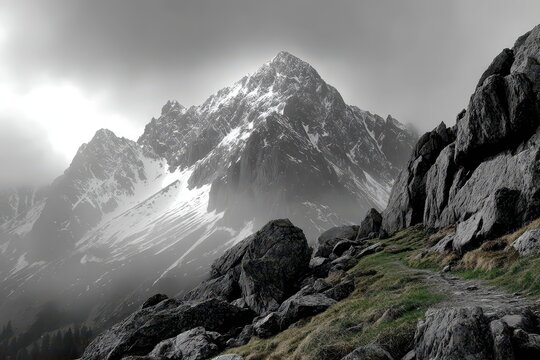 Dramatic snow-capped mountains shrouded in mist, with a rugged path.