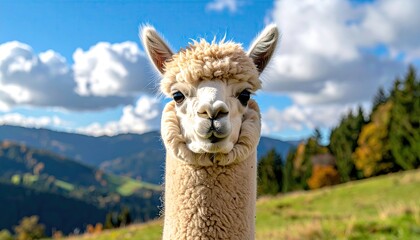 Close Up Portrait of an Alpaca against Mountainous Landscape on a Sunny Day with Fluffy White Fur and Expressive Eyes