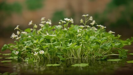 Naklejka premium Growing watercress, young plants beginning to bloom, fiber-dense choice