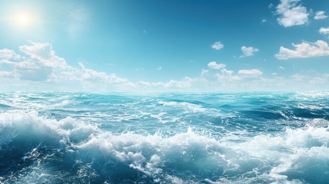 Serene Ocean Waves Under Bright Blue Sky with Fluffy Clouds and Sunlight Reflections Creating a Tranquil Seascape Experience for Nature Lovers